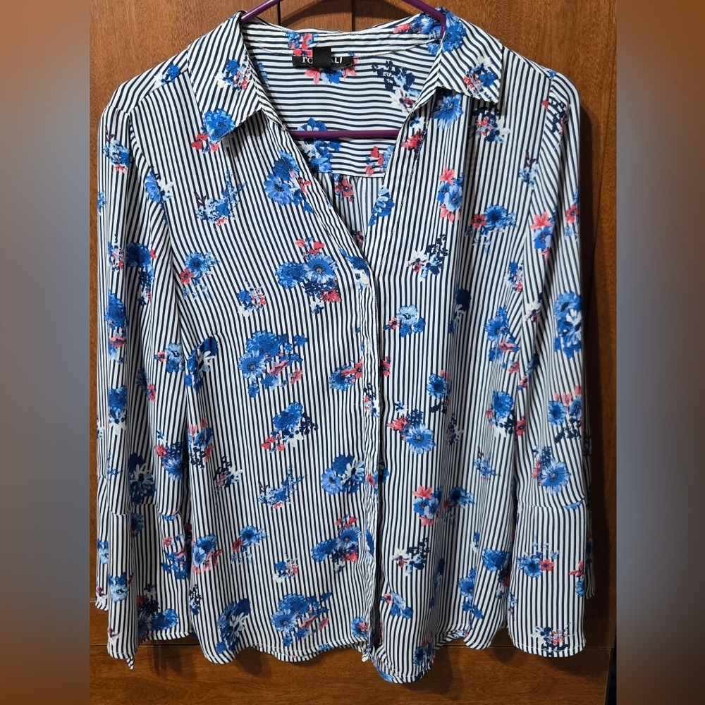 Roz & Ali Navy and White Striped Top with Red & Blue Floral Print